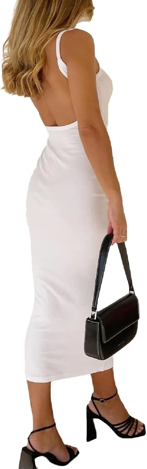 Women Backless Maxi Tank Dress Bodycon Sexy Open Back Hollow Long Dresses Sleeveless Elegant Cocktail Party Dress