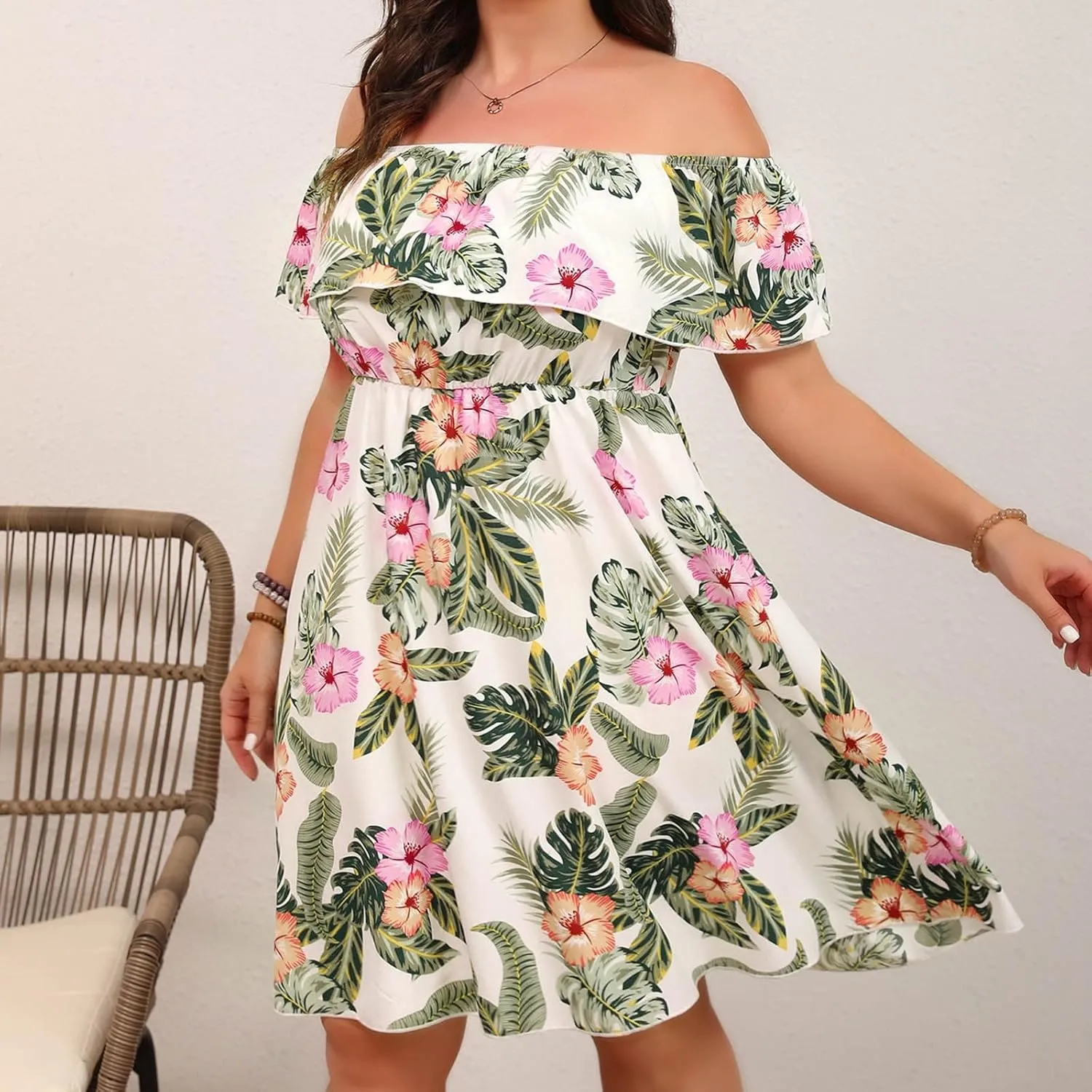 Women Off Shoulder Ruffle Trim Floral Tropical Dress A Line Flowy Mini Dress Plus Boho Sundresses Trendy Beach Dress