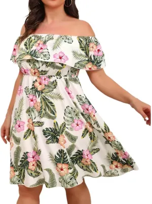 Women Off Shoulder Ruffle Trim Floral Tropical Dress A Line Flowy Mini Dress Plus Boho Sundresses Trendy Beach Dress