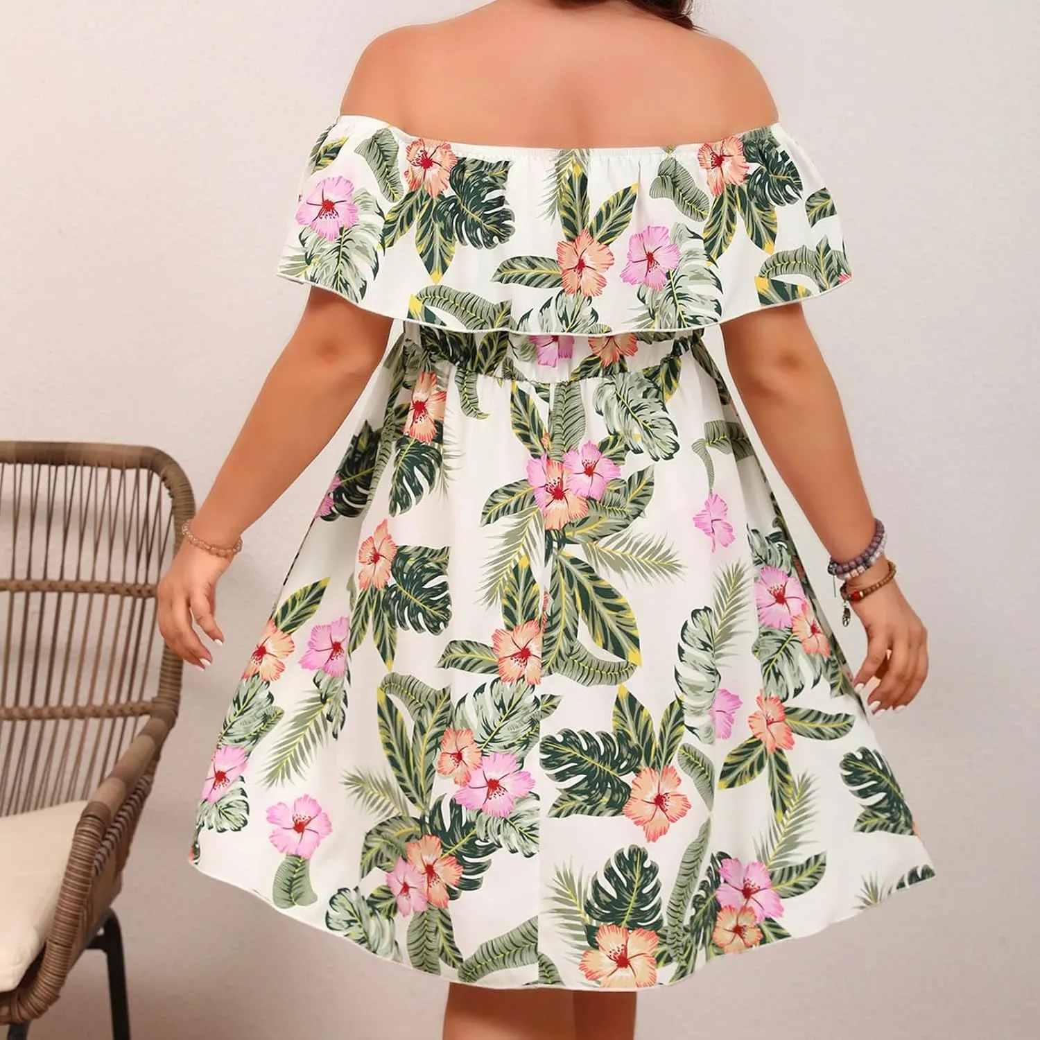 Women Off Shoulder Ruffle Trim Floral Tropical Dress A Line Flowy Mini Dress Plus Boho Sundresses Trendy Beach Dress