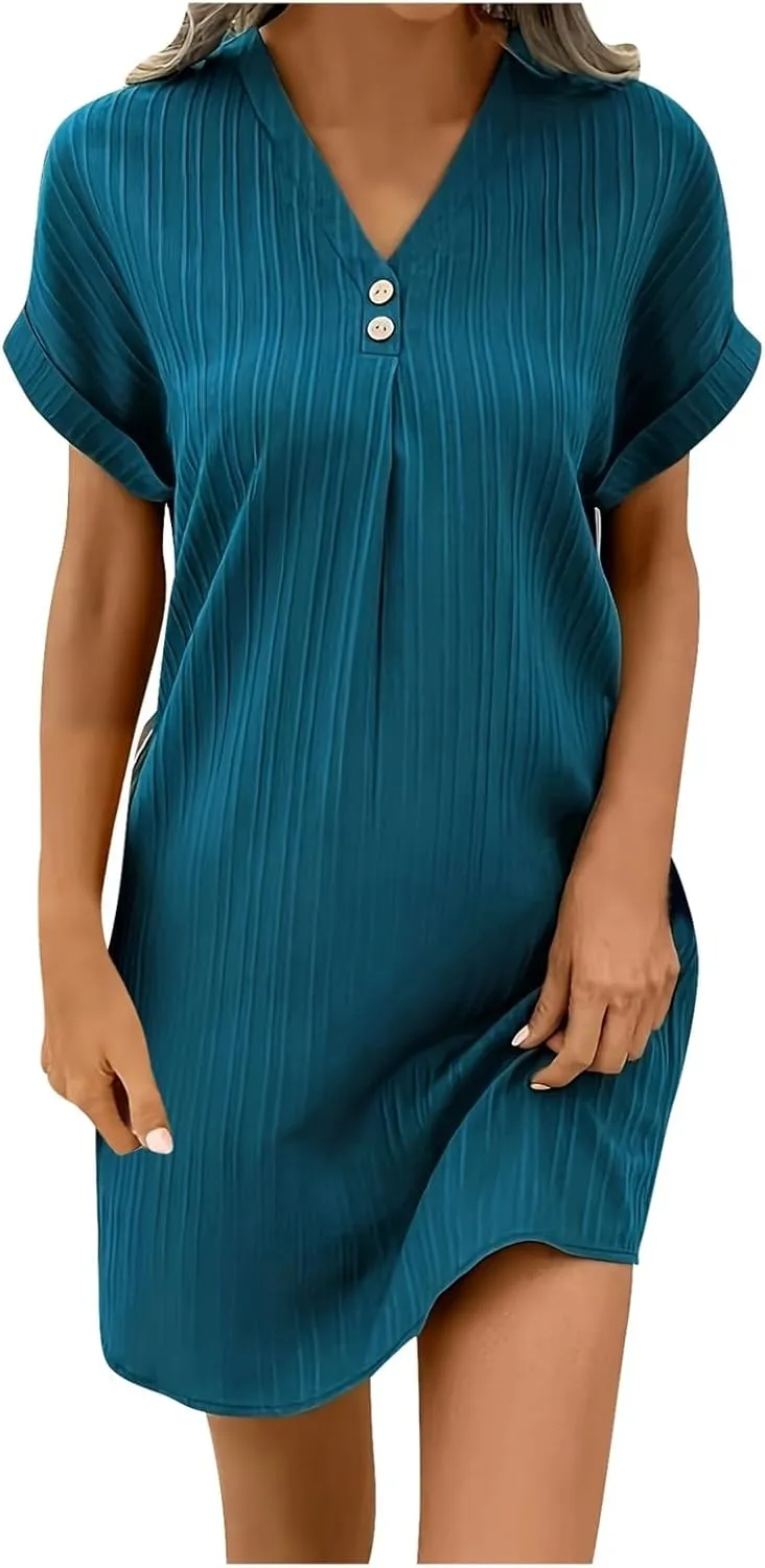 Womens 2025 Button Down Summer Dress Spring Flutter Sleeve Cotton Linen Dress Plus Size Beach A Line Casual Dress