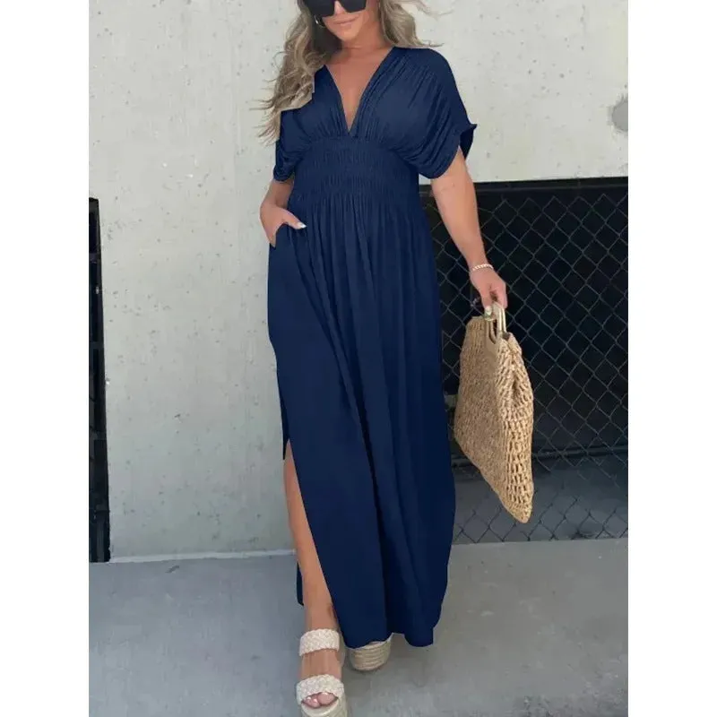 Women's Bat-Sleeve V-Neck Maxi Dress - Summer Slit Dress with Elastic Waist