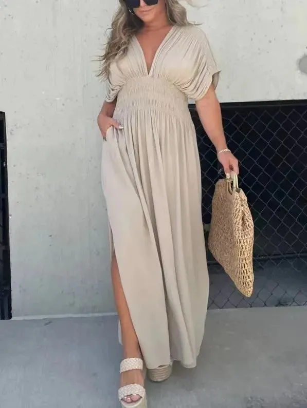 Women's Bat-Sleeve V-Neck Maxi Dress - Summer Slit Dress with Elastic Waist