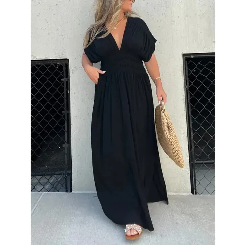 Women's Bat-Sleeve V-Neck Maxi Dress - Summer Slit Dress with Elastic Waist