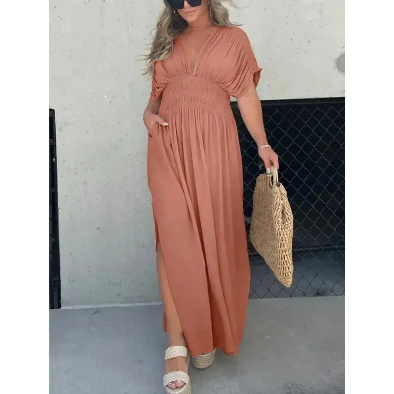Women's Bat-Sleeve V-Neck Maxi Dress - Summer Slit Dress with Elastic Waist