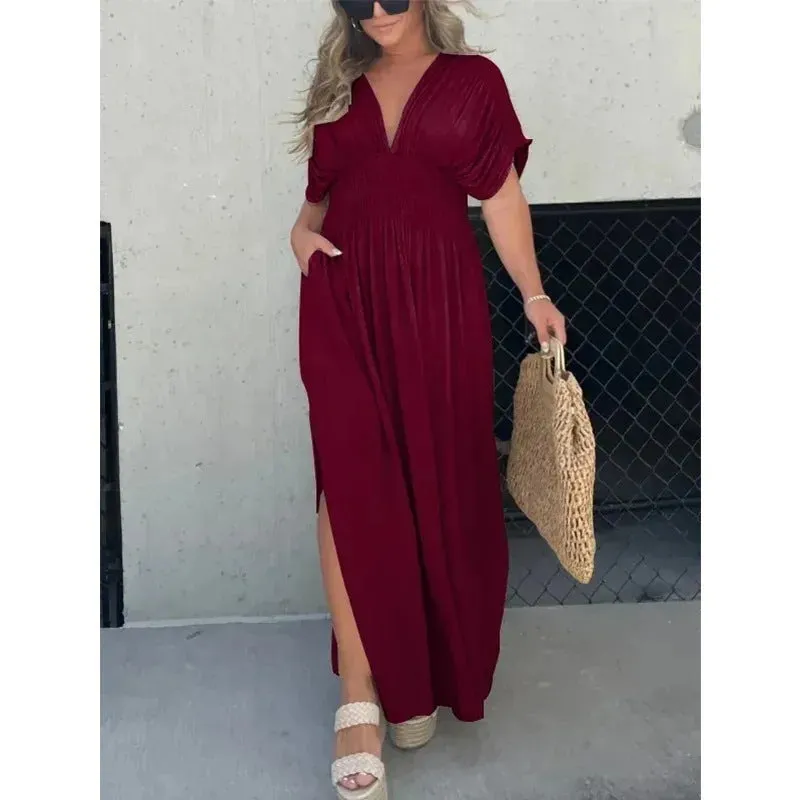 Women's Bat-Sleeve V-Neck Maxi Dress - Summer Slit Dress with Elastic Waist