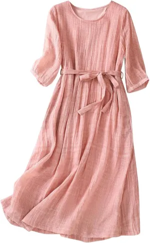 Womens Boho Floral Dresses Cotton Linen Short Sleeves Maxi Swing Dress, Summer Dress for Women 2024 Beach Sundress