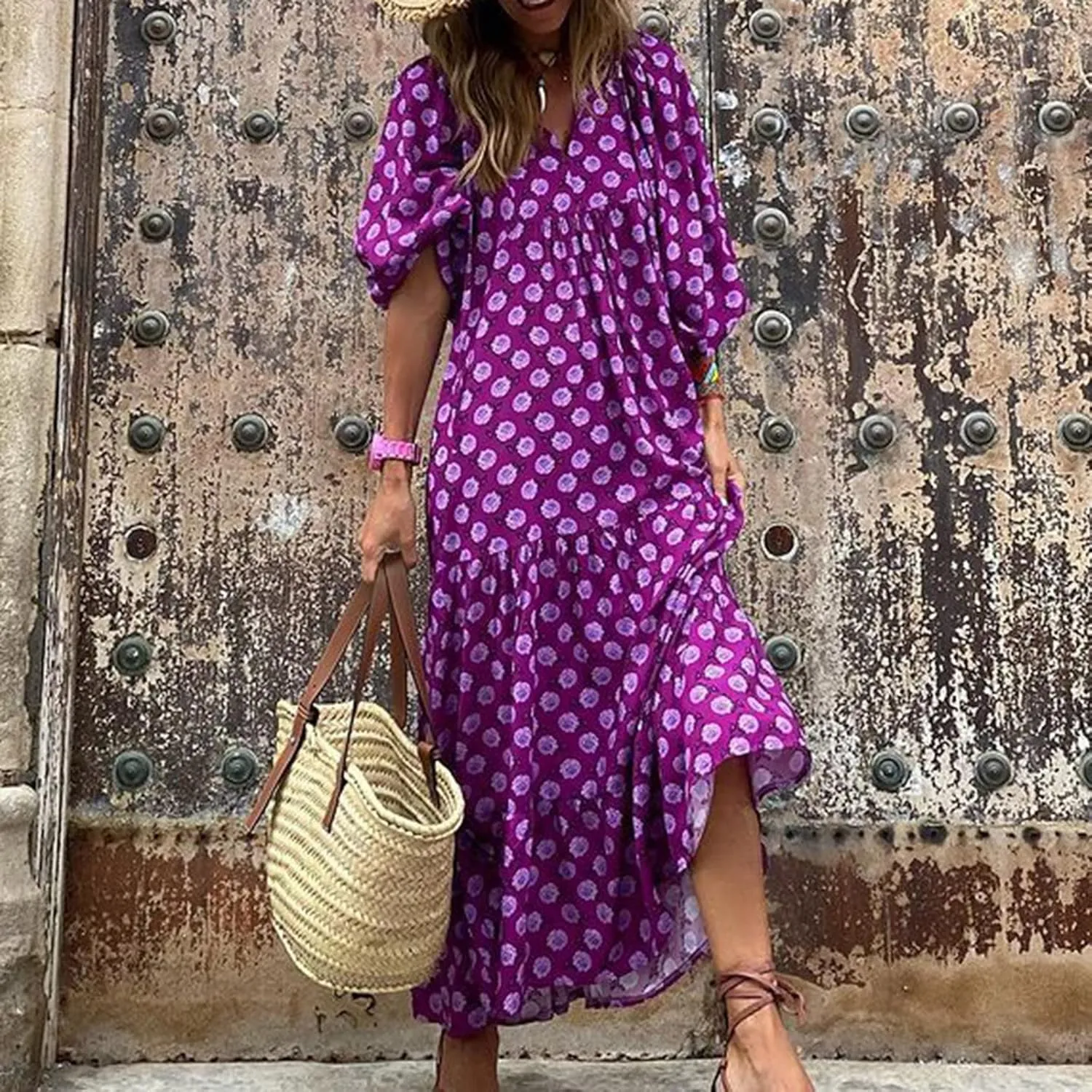 Women's Casual Dresses Loose Striped Floral Printed 2024 Swing Short Sleeve Round Maxi Dresses, S-3XL