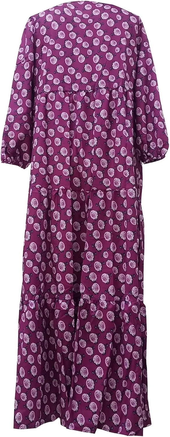 Women's Casual Dresses Loose Striped Floral Printed 2024 Swing Short Sleeve Round Maxi Dresses, S-3XL