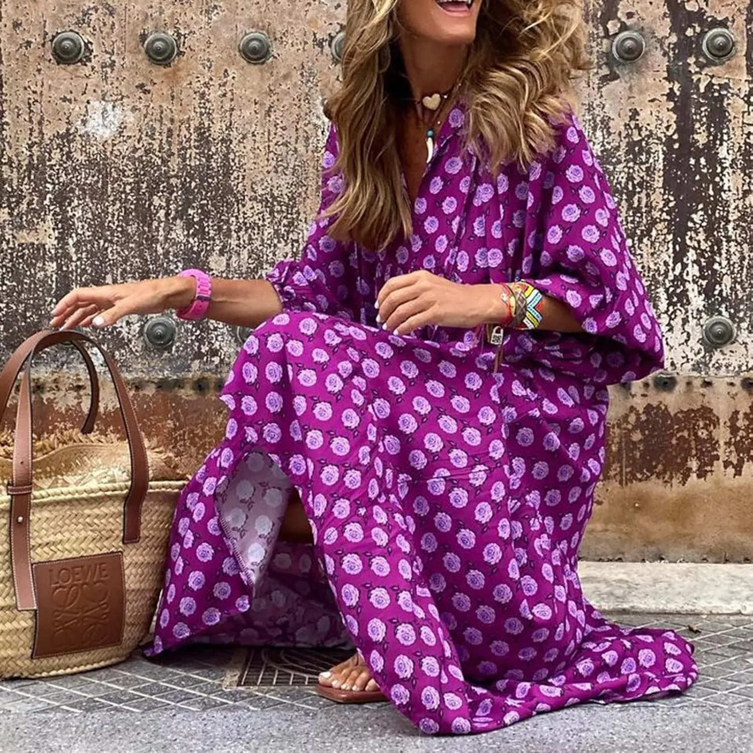 Women's Casual Dresses Loose Striped Floral Printed 2024 Swing Short Sleeve Round Maxi Dresses, S-3XL