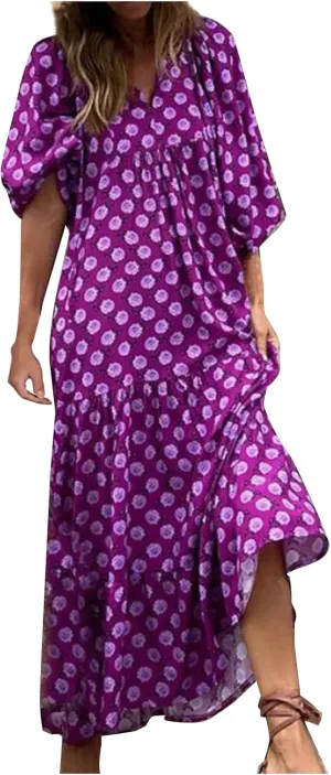 Women's Casual Dresses Loose Striped Floral Printed 2024 Swing Short Sleeve Round Maxi Dresses, S-3XL