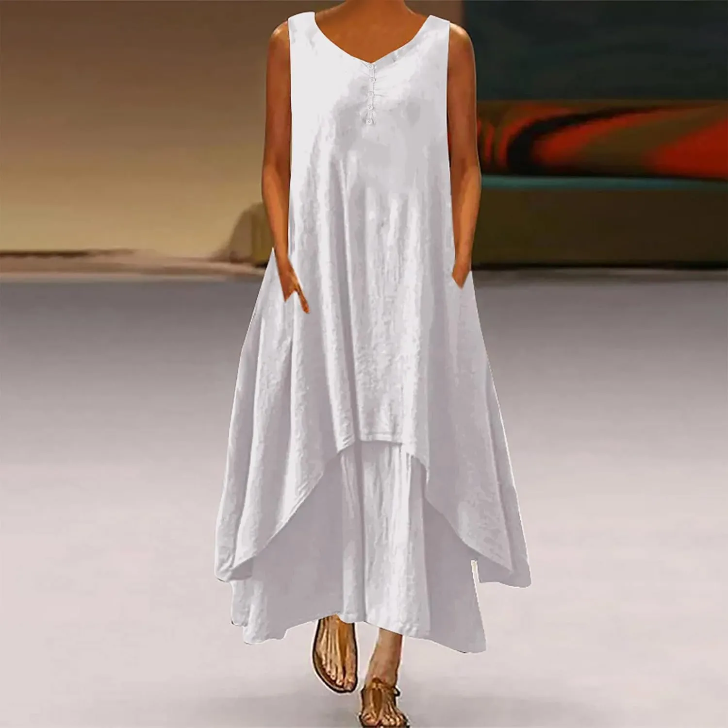 Women's Cotton Linen Irregular Double Layer Tank Dress,Plus Size Sleeveless Loose Caftan Beach Dresses Summer Sundress