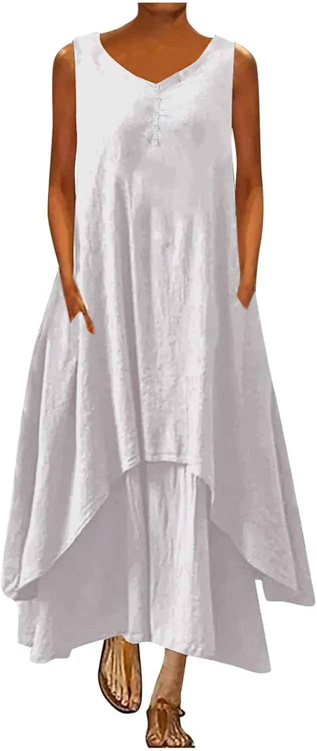 Women's Cotton Linen Irregular Double Layer Tank Dress,Plus Size Sleeveless Loose Caftan Beach Dresses Summer Sundress