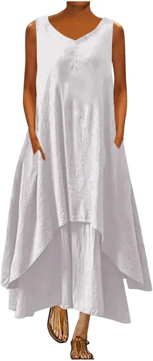 Women's Cotton Linen Irregular Double Layer Tank Dress,Plus Size Sleeveless Loose Caftan Beach Dresses Summer Sundress