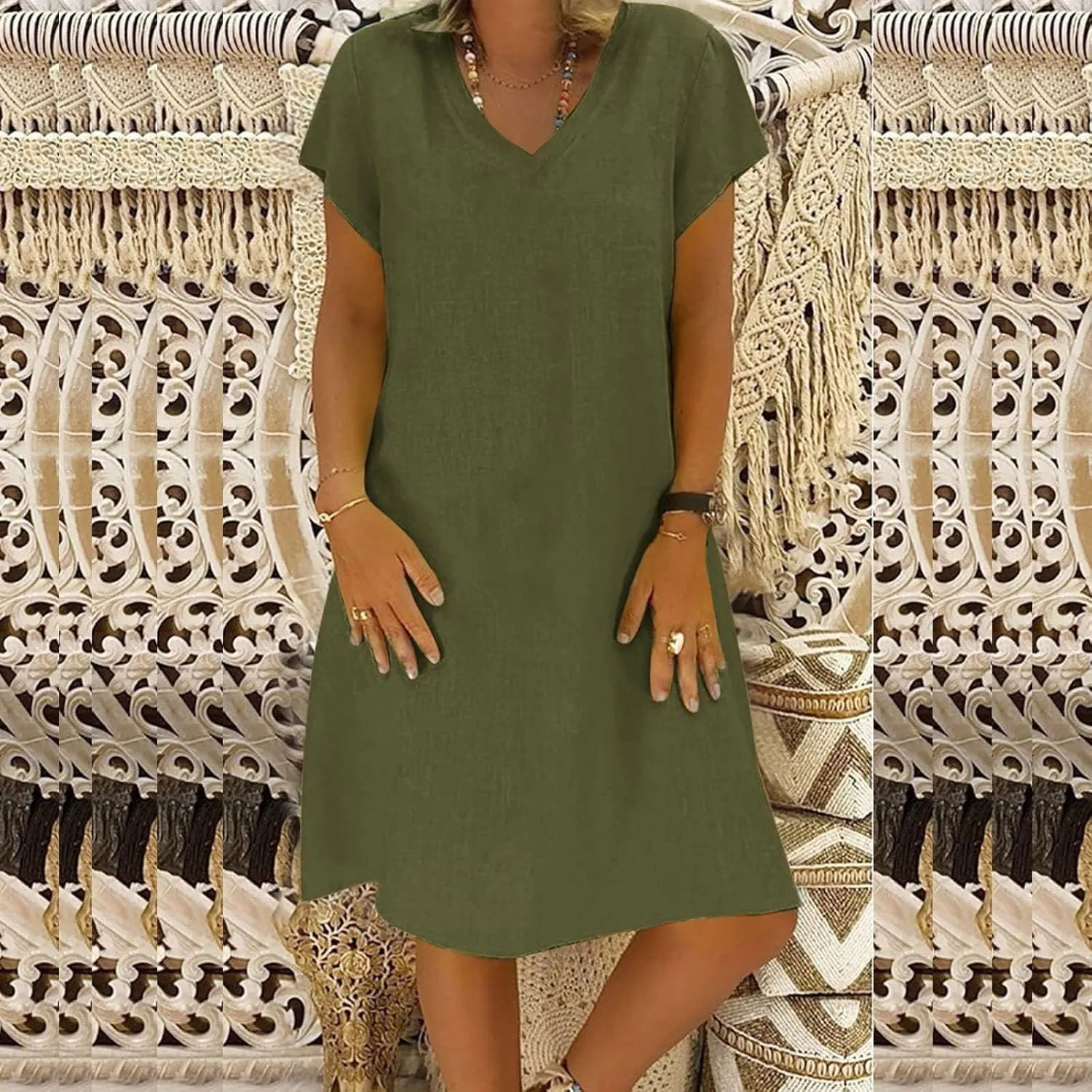 Womens Cotton Linen Midi Dresses Casual Short Sleeve Plain Knee Length Dress Elegant V Neck Loose Flowy Boho Dress