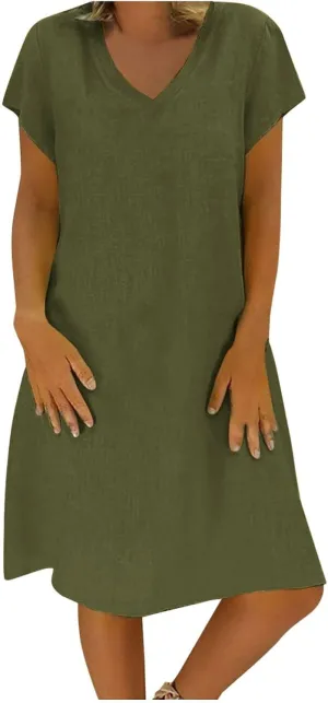 Womens Cotton Linen Midi Dresses Casual Short Sleeve Plain Knee Length Dress Elegant V Neck Loose Flowy Boho Dress