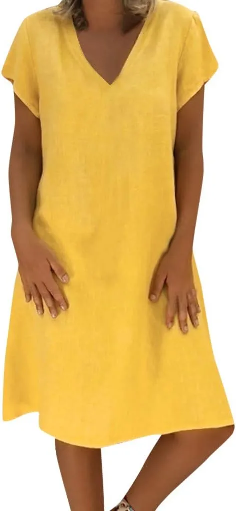 Women's Cotton Linen Midi Dresses V Neck Short Sleeve Plus Size Summer Dress Casual Beach Sundress Vacation Clothes 2025