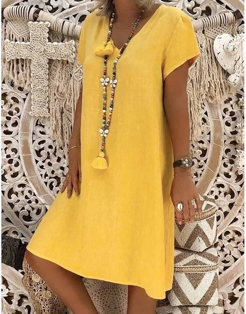 Women's Cotton Linen Midi Dresses V Neck Short Sleeve Plus Size Summer Dress Casual Beach Sundress Vacation Clothes 2025