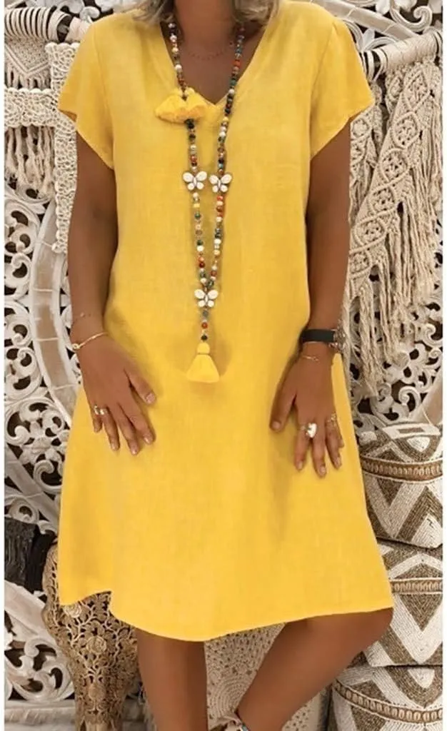 Women's Cotton Linen Midi Dresses V Neck Short Sleeve Plus Size Summer Dress Casual Beach Sundress Vacation Clothes 2025