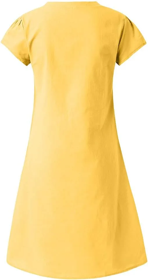 Women's Cotton Linen Midi Dresses V Neck Short Sleeve Plus Size Summer Dress Casual Beach Sundress Vacation Clothes 2025