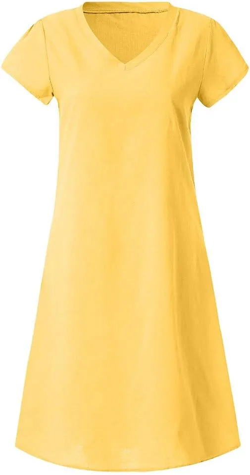 Women's Cotton Linen Midi Dresses V Neck Short Sleeve Plus Size Summer Dress Casual Beach Sundress Vacation Clothes 2025
