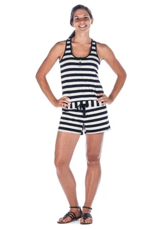 Women's Cotton/Spandex Knit Romper - Stripe  - Black/White