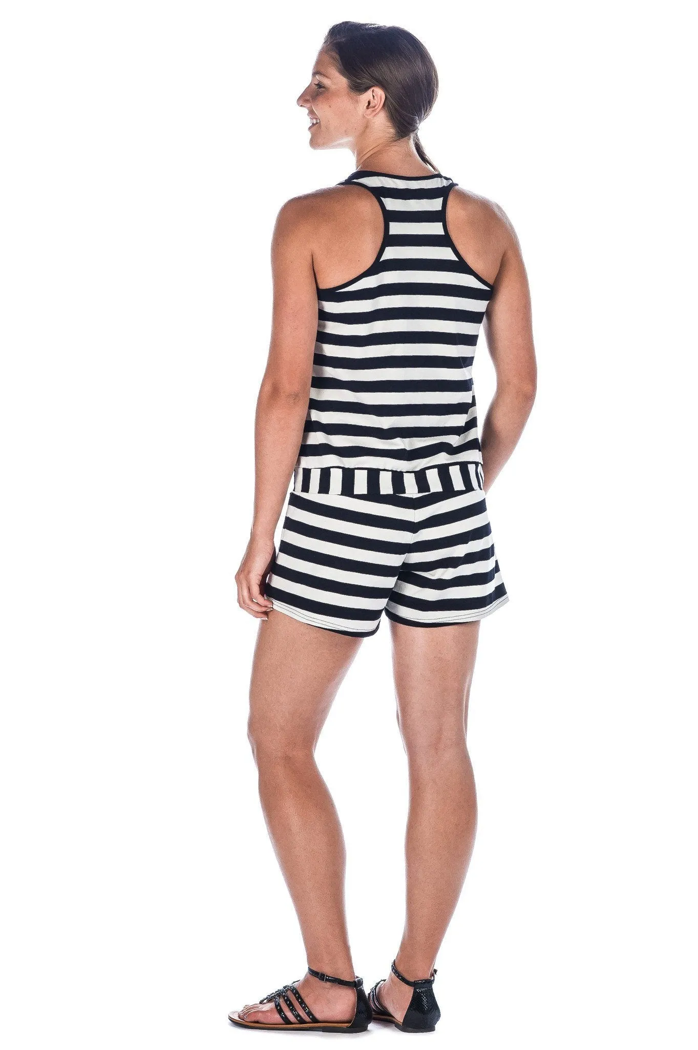 Women's Cotton/Spandex Knit Romper - Stripe  - Black/White