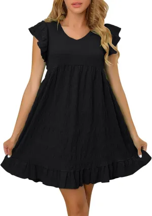 Women's Flutter Sleeve Mini Dress Casual V Neck Solid Smock Dress Flowy Loose Ruffle Hem Beach Sundresses