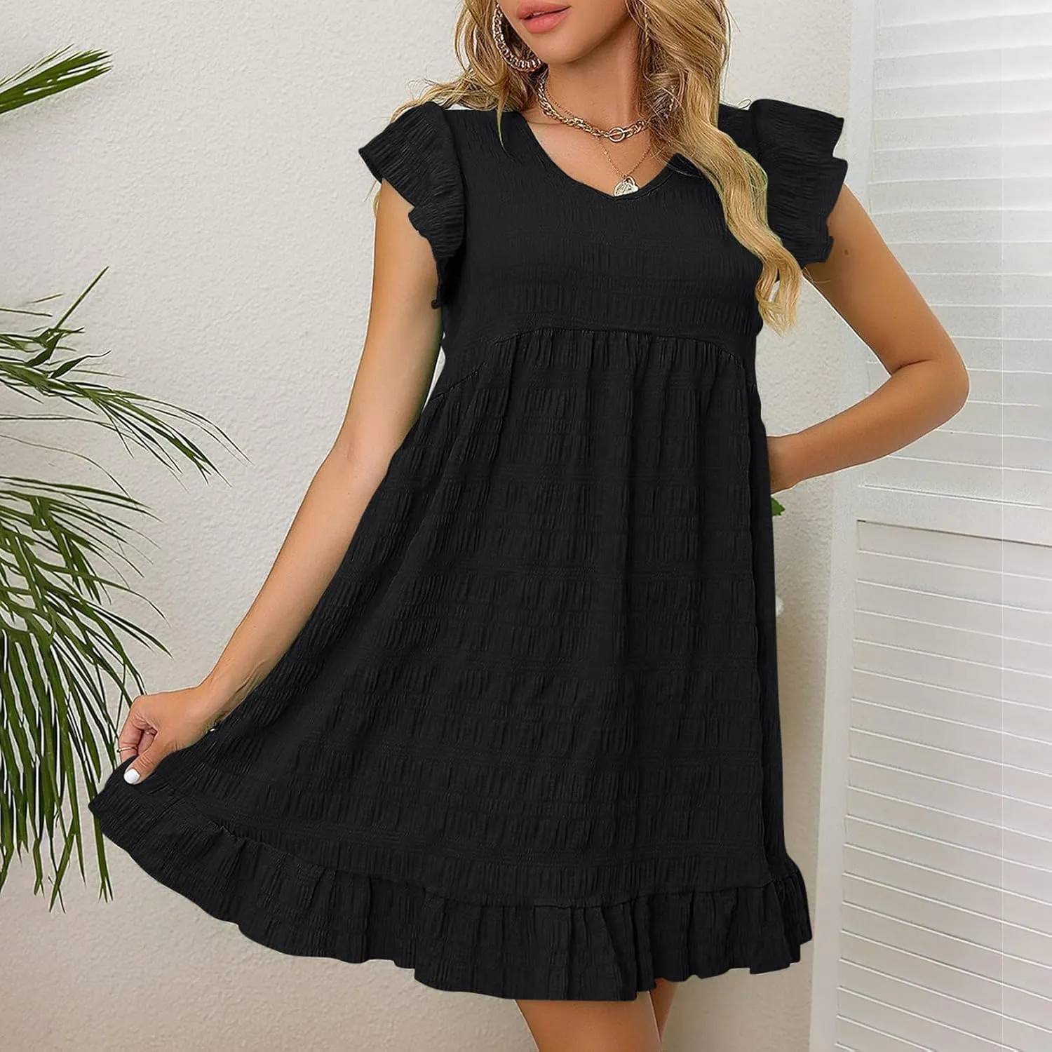 Women's Flutter Sleeve Mini Dress Casual V Neck Solid Smock Dress Flowy Loose Ruffle Hem Beach Sundresses