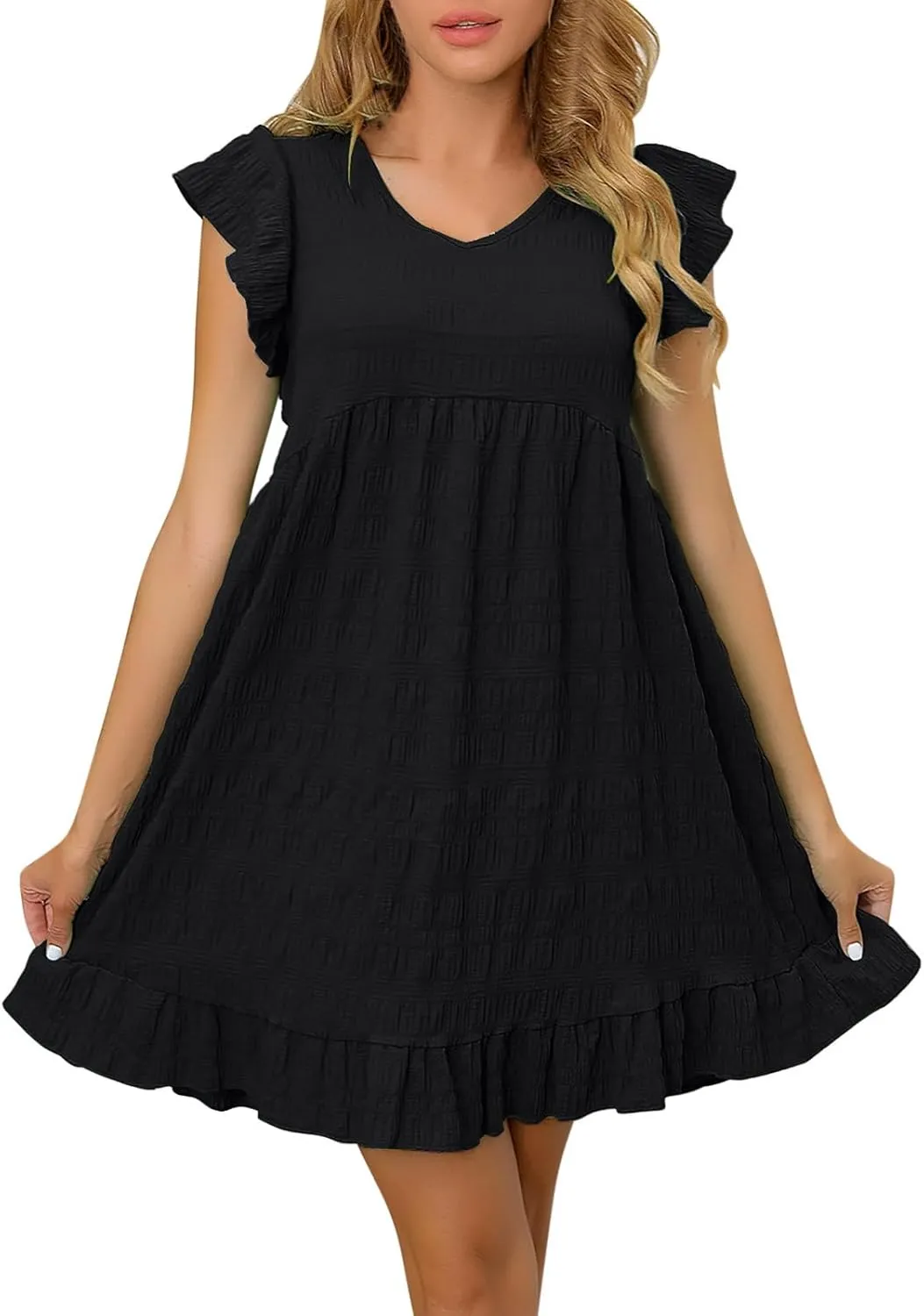Women's Flutter Sleeve Mini Dress Casual V Neck Solid Smock Dress Flowy Loose Ruffle Hem Beach Sundresses