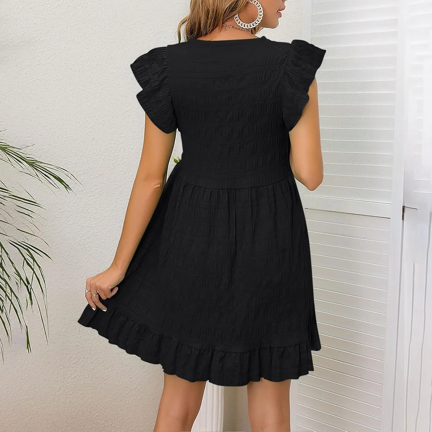 Women's Flutter Sleeve Mini Dress Casual V Neck Solid Smock Dress Flowy Loose Ruffle Hem Beach Sundresses