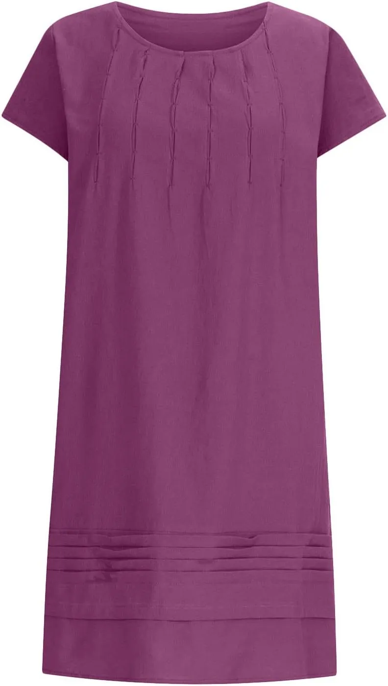 Women's Plus Size Cotton Linen Tiered Midi Dresses Short Sleeve Knee Length Shirred Dress Boho Loose Flowy Sundresses