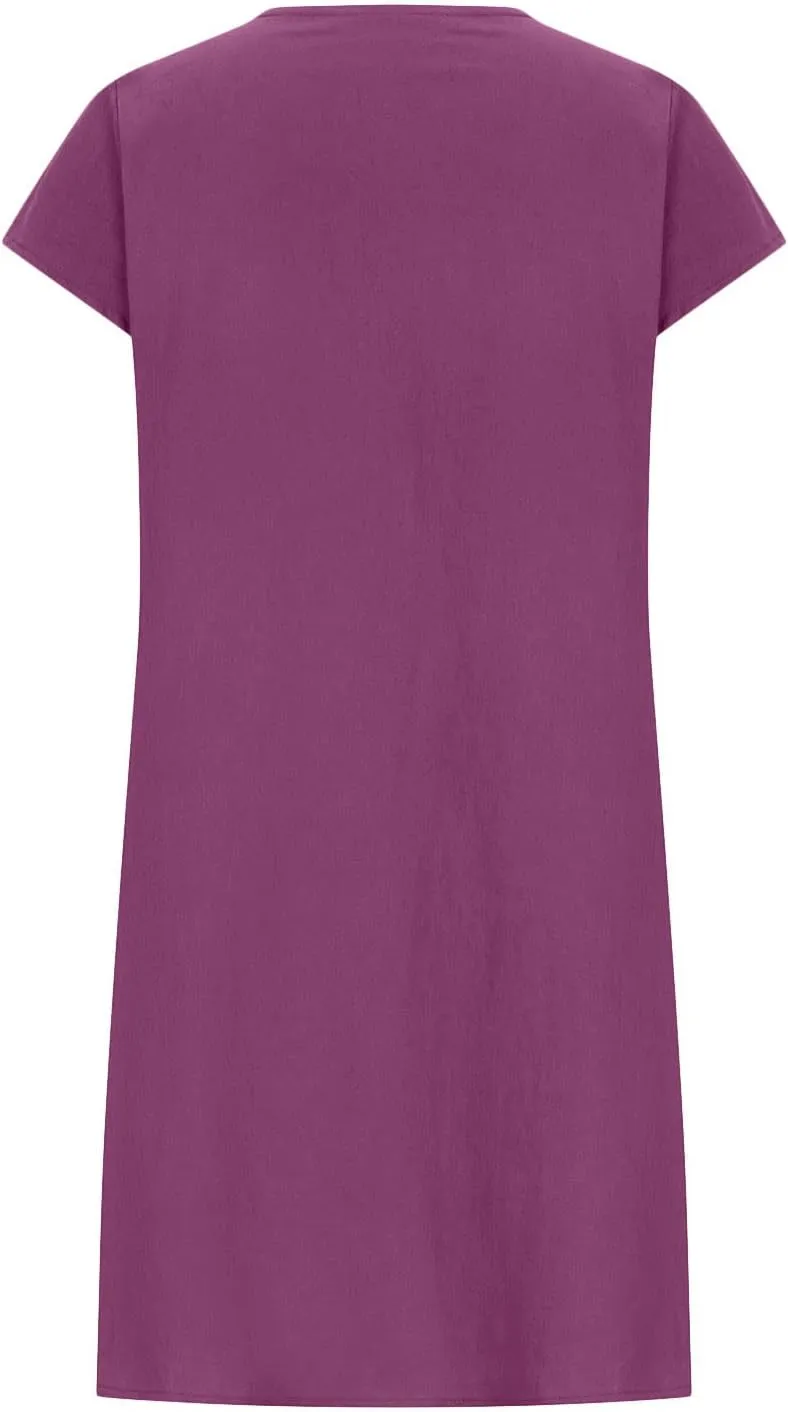 Women's Plus Size Cotton Linen Tiered Midi Dresses Short Sleeve Knee Length Shirred Dress Boho Loose Flowy Sundresses