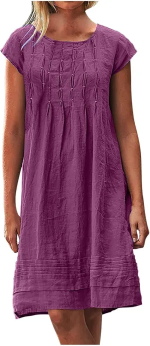 Women's Plus Size Cotton Linen Tiered Midi Dresses Short Sleeve Knee Length Shirred Dress Boho Loose Flowy Sundresses