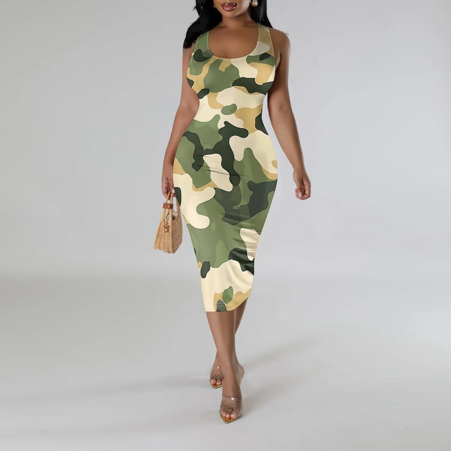 Women's Sexy Bodycon Tank Dress Casual Summer Pencil Sleeveless Ruched Basic Leopard Print Midi Club Dresses