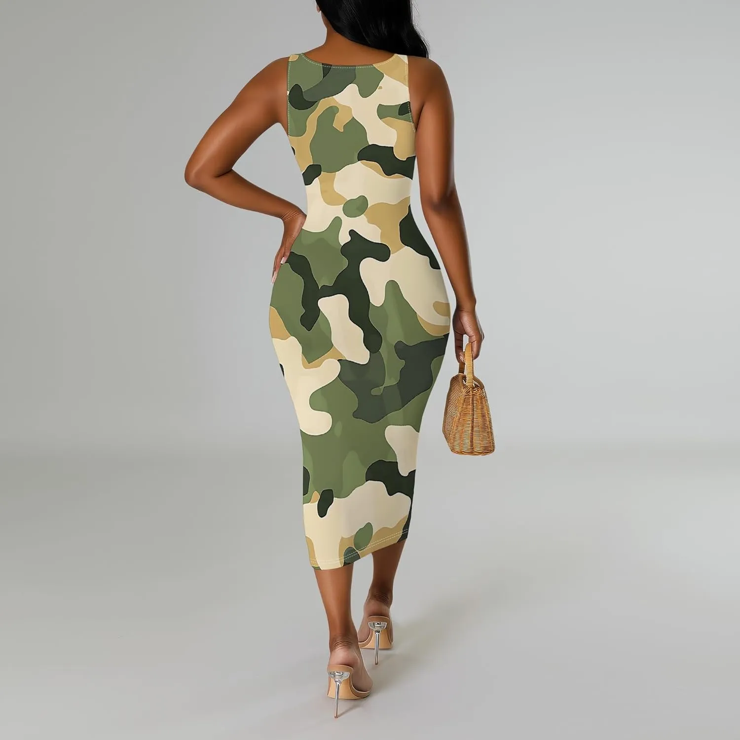 Women's Sexy Bodycon Tank Dress Casual Summer Pencil Sleeveless Ruched Basic Leopard Print Midi Club Dresses