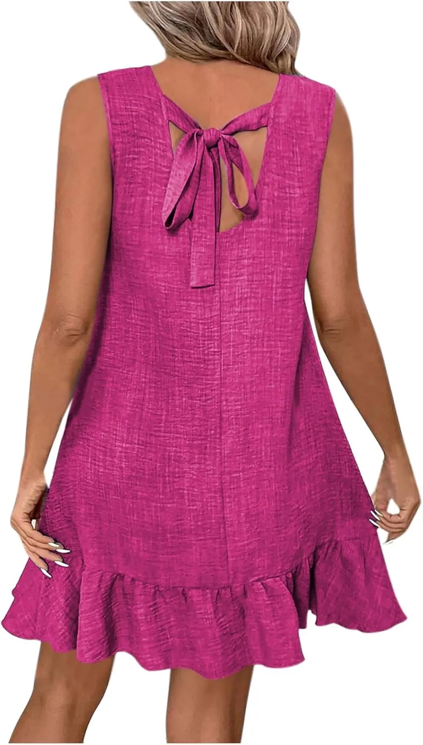 Womens Summer Casual Beach Sundress Crew Neck Sleeveless Tank Dresses 2025 Fashion Ruffle Mini Dress