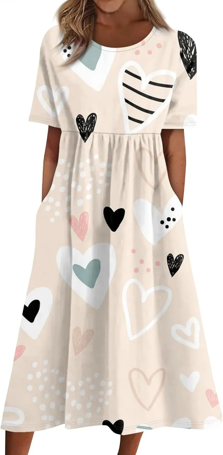 Women's Summer Casual Loose Trendy Dress Round Neck Short Sleeve Heart Print Maxi Dresses