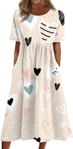 Women's Summer Casual Loose Trendy Dress Round Neck Short Sleeve Heart Print Maxi Dresses