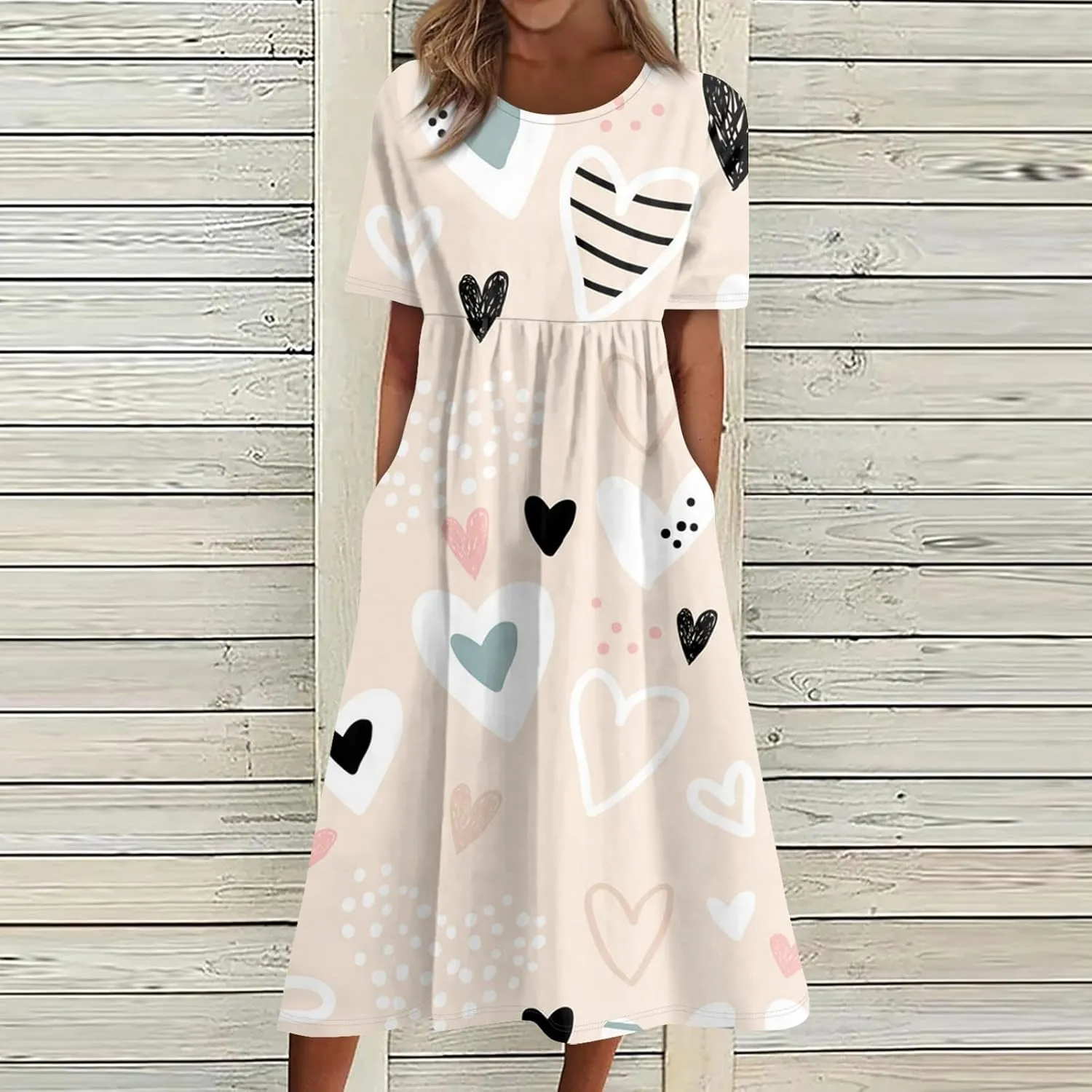 Women's Summer Casual Loose Trendy Dress Round Neck Short Sleeve Heart Print Maxi Dresses
