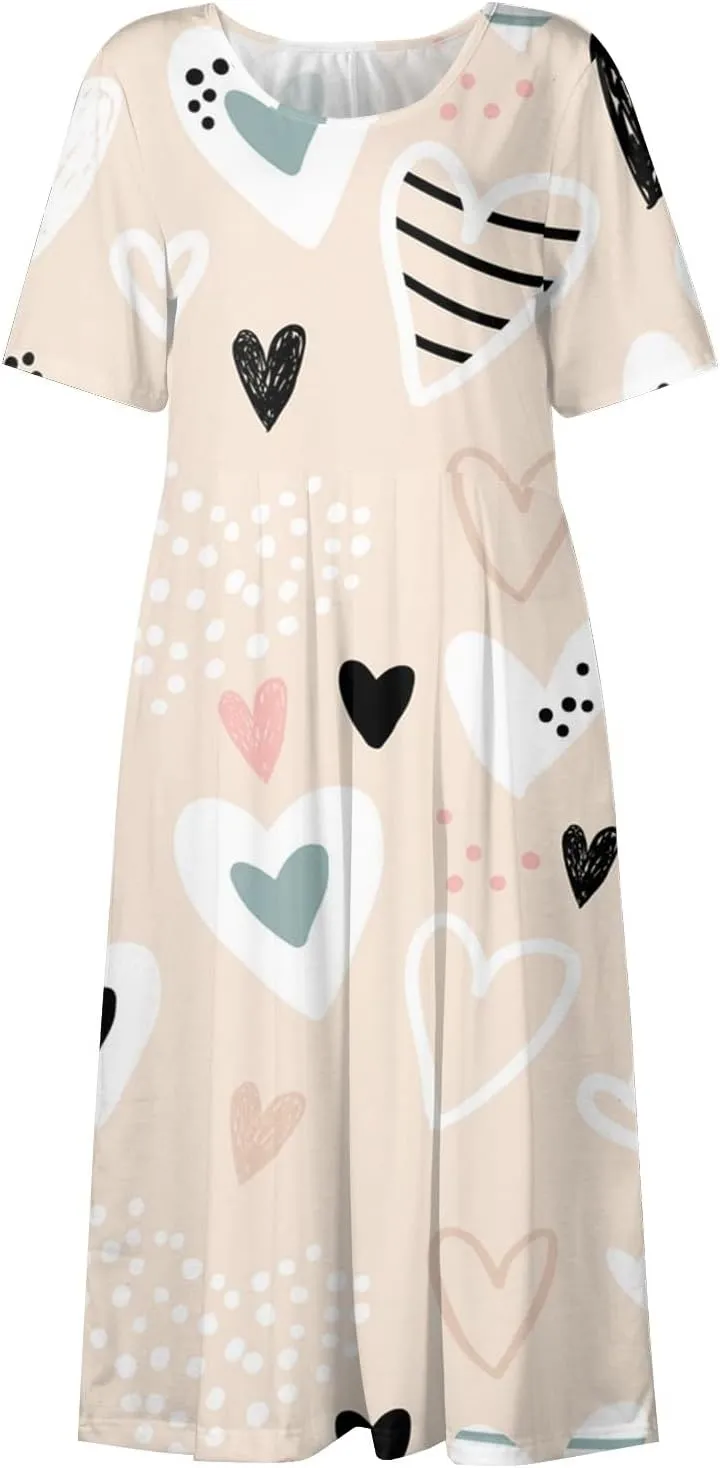 Women's Summer Casual Loose Trendy Dress Round Neck Short Sleeve Heart Print Maxi Dresses