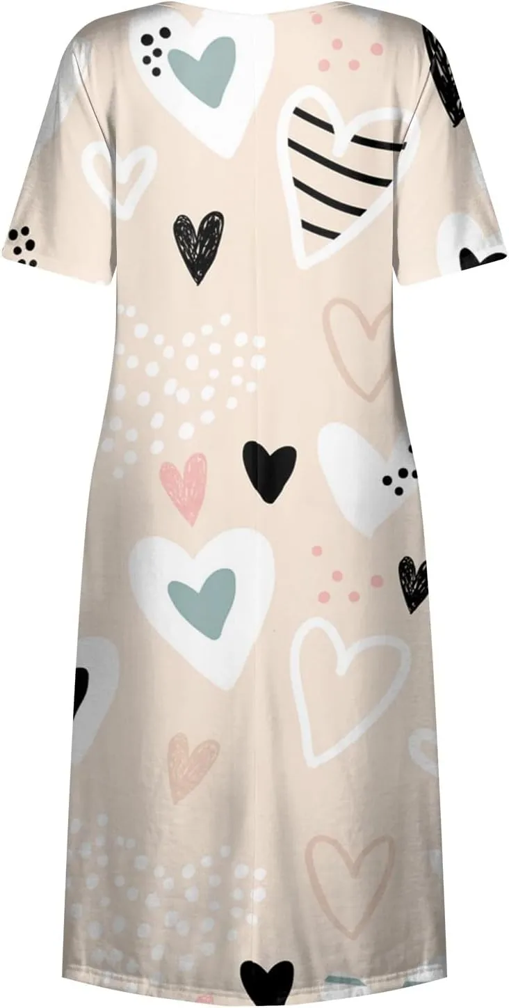 Women's Summer Casual Loose Trendy Dress Round Neck Short Sleeve Heart Print Maxi Dresses
