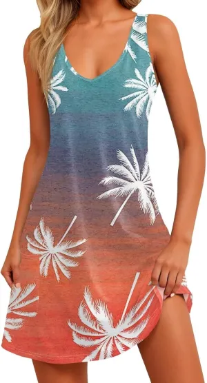 Women's Summer Dresses Beach Floral Tshirt Sundress 2025 Casual Sleeveless Tank Loose Boho U Neck Vacation Sundresses