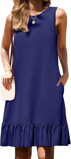 Women's Summer Dresses Loose 2025 Sleeveless Tank Beach Boho Mini Dress Ruffle Hem Sundress