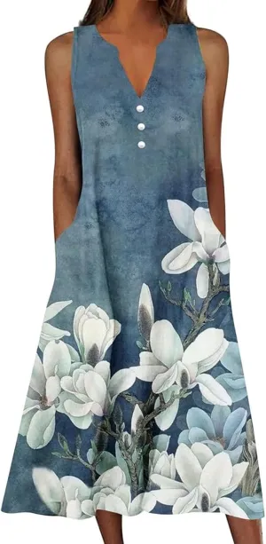 Womens Summer Dresses V Neck Sleeveless Sundresses Loose Beach Vacation Casual Boho Tank Dress with Pockets