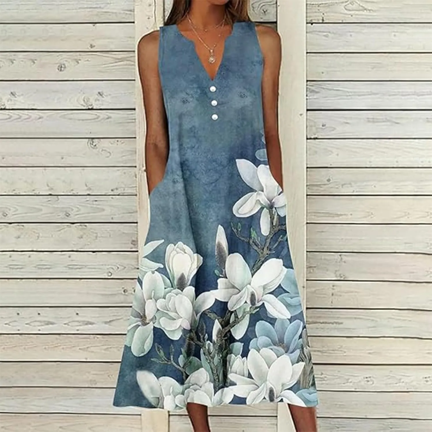 Womens Summer Dresses V Neck Sleeveless Sundresses Loose Beach Vacation Casual Boho Tank Dress with Pockets